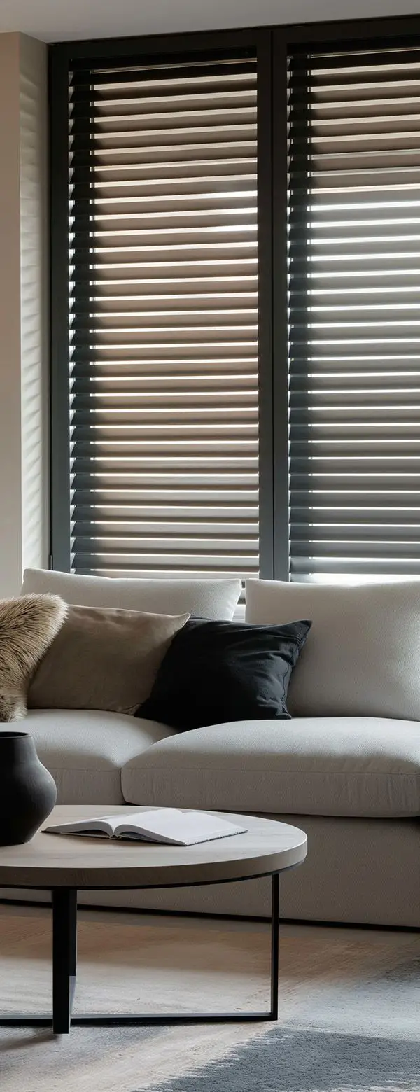 dunkelgraue Jalousie im Wohnzimmer