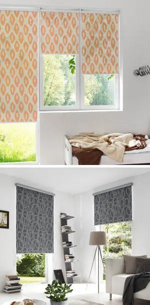 gemusterte Rollos in orange und grau
